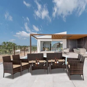 8 PCS Patio Lawn Rattan Wicker Furniture Set Cushioned Chair with Glass Table US - Picture 1 of 12