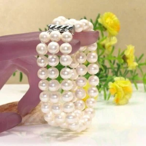 AAA 8-7 mm Natural South Sea White Pearl Bracelet 7.5-8'' - Picture 1 of 3