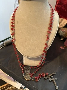 Vintage Lot 2 Red Crystal Rosary Beads With Cross - Picture 1 of 5