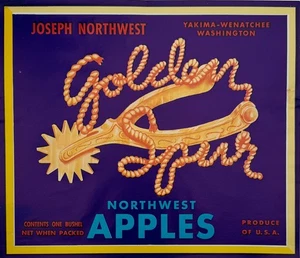 Golden Spur Northwest Apples Label, Yakima Wenatchee WA, Vintage 1940s Crate Art - Picture 1 of 3