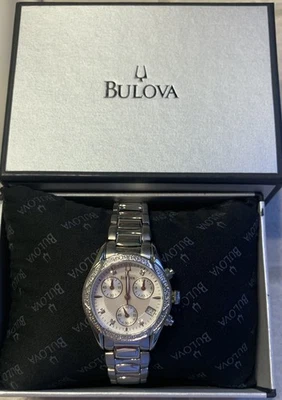 New Bulova Chrono 32MM Silver Dial SS Women's Diamond Watch 96R134 - Image 1 of 4