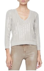 L'AGENCE Trinity Sequin Cable Knit Sweater Beige V Neck Sz Small - Picture 1 of 11