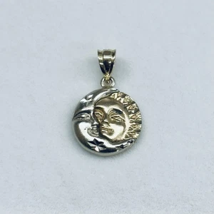 Vintage 14k Yellow Gold Crescent Moon Sun Star Diamond Cut 2 Tone Pendant Charm - Picture 1 of 4