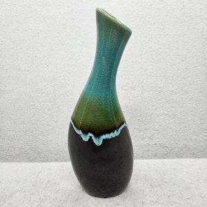 Vintage Crackle Drip Glaze Vase Teal & Brown 11.75 Inch - Picture 1 of 11