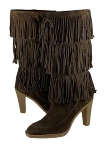 MICHAEL KORS Womens Fringe BOOTS Brown Suede Crepe Soles Heels 8.5 - Worn Once! - Picture 1 of 10