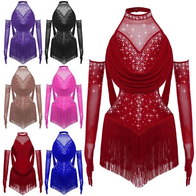 Kid Girls Rhinestones Salsa Tango Fringe Skirted Leotard Modern Latin Jazz Dress - Image 1 of 3