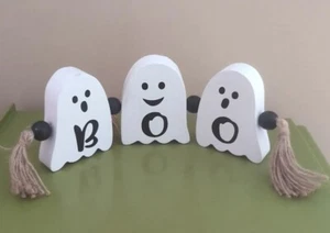 Halloween Three Chunky Wooden Spooky Fun Ghosts Burlap & Beaded Strung Together  - Picture 1 of 6