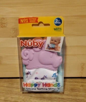 NEW Nuby Baby Silicone Teething Mitten Unicorn Purple 3 Months BPA Free - Image 1 of 3