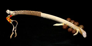  Beaded Leather Wrapped Ceremonial Bone With Bells Vintage 0051010 - Picture 1 of 5