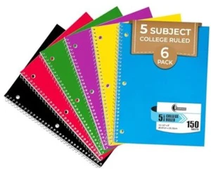 Notebook College Ruled, 6 Value Pack, 300 Pages (150 Sheets), 6 Pack 5 Subject - Picture 1 of 7