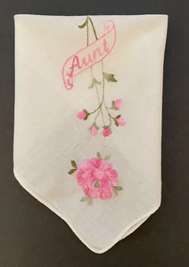Vintage Women's Specialty Handkerchief Aunt Embroidered Pink Floral Rose Spray - Picture 1 of 11