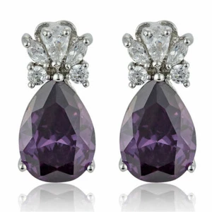 PENDIENTES CON ORO BLANCO CHAPADO CON PIEDRAS AMATISTA Y TOPACIO BLANCO - Imagen 1 de 4