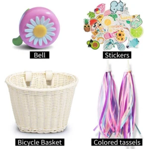 Kids Bicycle Basket Kit Front Handlebar Wicker Basket Streamers Bike Decor - Picture 1 of 12