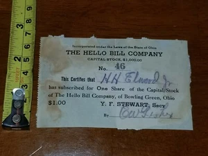 STATE OF OHIO HELLO BILL COMPANY CAPITAL STOCK BOWLING GREEN SIGNED - Picture 1 of 2
