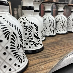 Talavera pottery neutral black white gray _oz 6pc pottery footed cups goblets - Picture 1 of 9