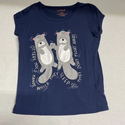 Cat & Jack Girls Navy Blue “Sleeping Otters” Short Sleeve Sleep Shirt, Size 6/6x - Image 1 of 2