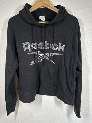 Reebok Hoodie Womens XL Black Cropped Pullover Camo Logo Lightweight Sweatshirt - Image 1 of 4