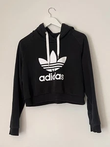 Adidas Originals Trefoil Hoodie Pullover Womens Medium Black Sweatshirt Crop Top - Picture 1 of 12