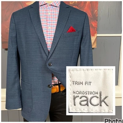 Blazer Nordstrom Rack Hopsack Masculino 46L Longo Slim Fit Mistura de Poliéster Elástico Azul Marinho - Imagem 1 de 4