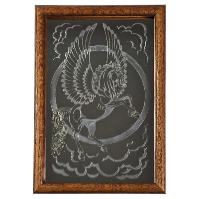 Rare Etched Pegasus Winged Horse Mirror Solid Oak Frame 9 x 13 Vintage 1980's - Image 1 of 4