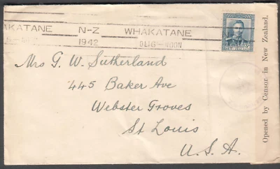 Nueva Zelanda 1942 Segunda Guerra Mundial cubierta de censor H E Murray Whakatane a St Louis MO Foto 1 de 2