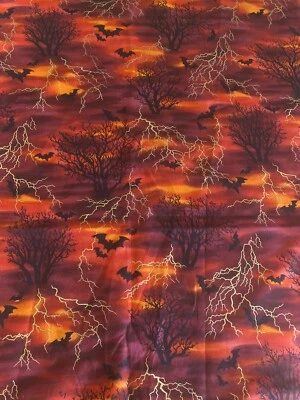 Texstyles Fabric 万圣节 背景 橙色 Sky Bats 树 金色 闪电 56 X 40 — 第 1/4 张图片