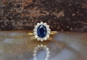 2.30Ct Oval Cut Lab Created Blue Sapphire Diamond Ring 14K Yellow Gold Plated - Picture 1 of 5