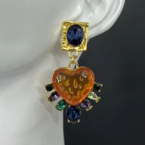 Gripoix Style Heart Earrings Matte Gold Tone Pierced Rhinestone Resin Dangle - Picture 1 of 7