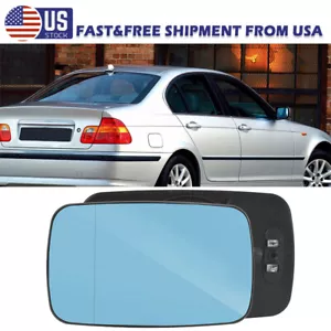 Pair L+R Side Blue mirror glass For BMW E46 320i 330i 325 Tinted W/Holder Heated - Picture 1 of 11