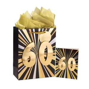 13" Large 60th Birthday Gift Bag with Tissue and Card Black Gold Foil Design - Picture 1 of 7