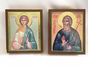 Set Piccole Icone Ortodosse San Martire Nadeza e Gesù Russe su Legno - Foto 1 di 3
