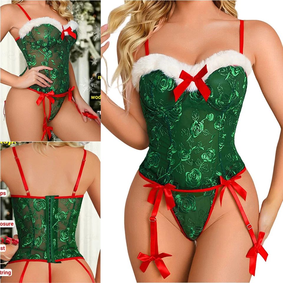 Sexy Lencería Navidad Santa Borde Difuso Body con Ligueros Tanga EE. UU. Foto 1 de 4