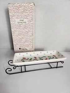 Market Day Ceramic Metal Sleigh Serving Cookie Appetizer Dish Christmas Mittens - Picture 1 of 11