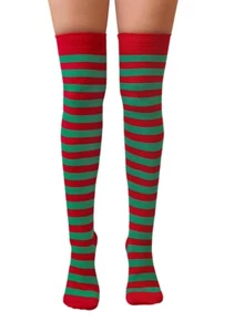 Over The Knee Socks Green & Red Striped Cotton Christmas Elf Cosplay Girls 4-5.5 - Picture 1 of 1