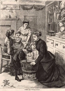 1876 COCINA DE NAVIDAD VICTORIANA Madres Niños Agitando Pudín de Navidad - Imagen 1 de 1