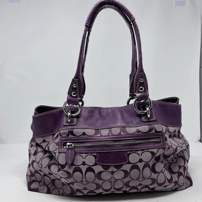 Coach Penelope Large Shoulder Tote Purple Signature Jacquard Leather Trim F15534 - Image 1 of 4