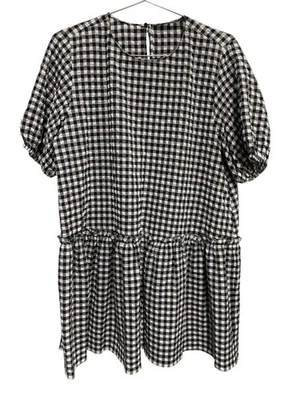 Zara мини-платье размер XL ярусный имбирь коротким рукавом текстурированный черный белый оборки - Изображение 1 из 4