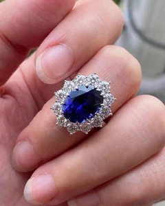 2.20CT Oval Sapphire & Moissanite Halo Engagement Ring In 10k White Gold Plated - Picture 1 of 3