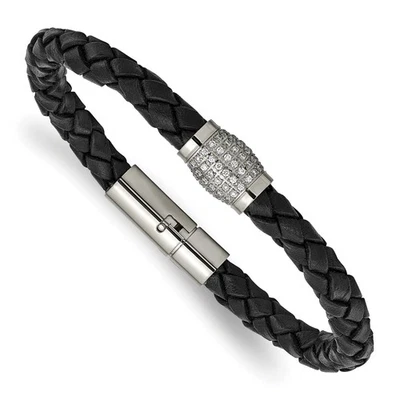 Chisel Titanium Polished with CZ Black Leather Bracelet TBB154 - Image 1 of 4