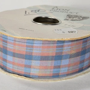 Vintage Löwenband ~ 1 3/8" Zoll ~ gedecktes rosa & blau kariert ~ 180 Fuß/60 Yards - Bild 1 von 4