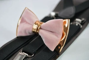 Dusty Pink Velvet Rose Gold Leather Bow tie + Black Suspenders Baces All ages - Picture 1 of 8
