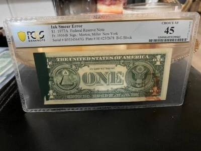 1977A FR #1910-B $1 FRN DOUBLE Red & Green Ink Smear Error PCGS Choice 45 WOW ⭐  - Image 1 of 4