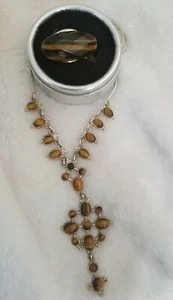 NEW Tiger-Eye Y-Necklace and Ring gift set- Suite .925 Sterling $80 Close-out - Picture 1 of 12