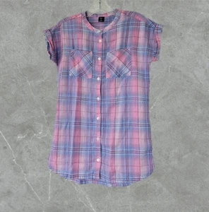 Gap Girls Short Sleeve Button Down Plaid Mlticolor Blouse Size L - Picture 1 of 14