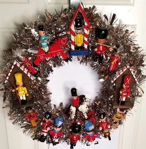 Newly Handmade 13" Christmas All Vtg Wreath, Tinsel Garland & 15 Nutcrackers - Picture 1 of 10