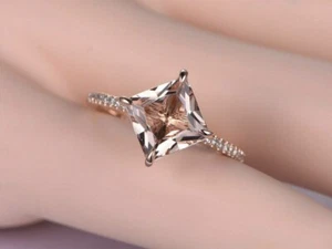 Princess Cut Simulated Peach Morganite Engagement Ring In 14k Rose Gold Plated - Picture 1 of 4