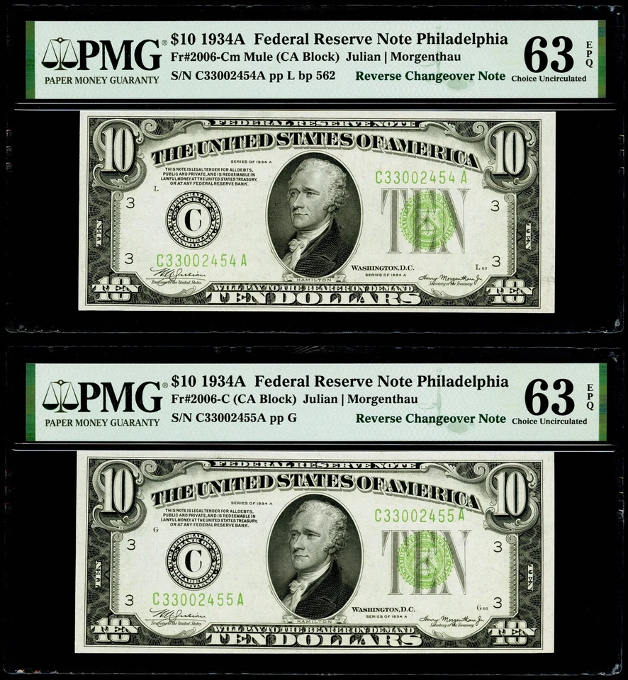 $10 1934A Federal Reserve Note Philadelphia "Reverse Changeover Note" PMG 63 EPQ - Image 1 of 3