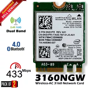 Lot X 2 Dell Inspiron 15 5547 7548 5558 3160NGW Dual Band WLAN WiFi Card N2VFR - Picture 1 of 6