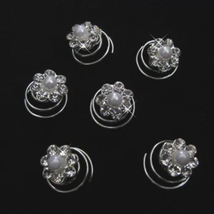 Silver Rhinestone Flower Pearl Center Twist Spiral Bridal Hair Pin - Set of 6 - Picture 1 of 6