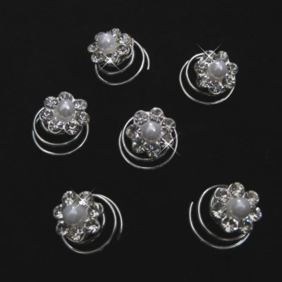 Silver Rhinestone Flower Pearl Center Twist Spiral Bridal Hair Pin - Set of 6  - Image 1 of 4